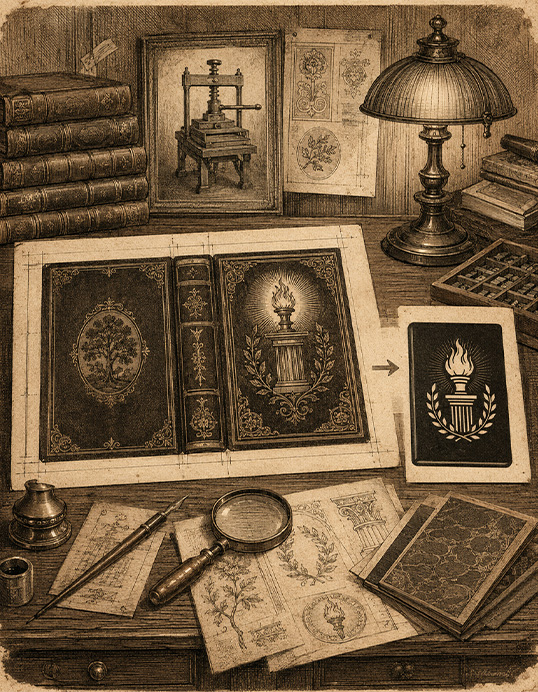 A vintage engraving of a binder's bench with a finished book cover, a printing press proof and a design being transformed into a small foil emblem